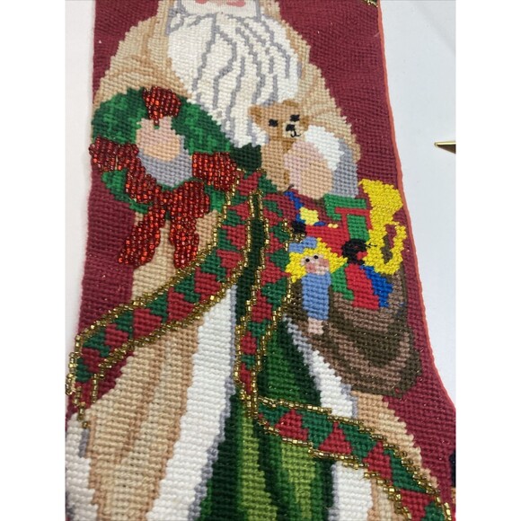 vintage needlepoint CHRISTMAS STOCKING with old world Santa With Beads - Picture 3 of 8